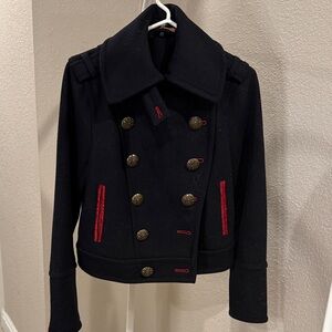 Free People Dark Blue and Red Pea Coat